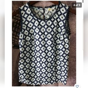 Boden Linen Romaine Printed Sleeveless Top Womens Size 4 Pom Pom Trim Tunic 
